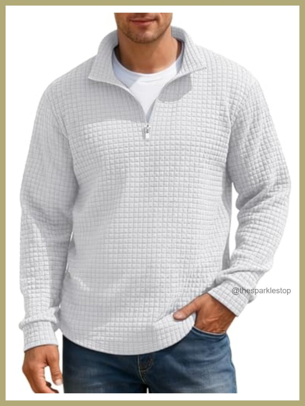 Men's Quarter Zip Pullover Quilted Waffle Mock Neck Casual Sweatshirt
